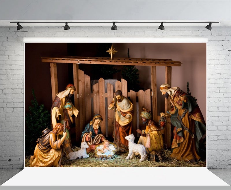 AOFOTO 8x6ft Barn Interior Manger Scene Backdrop Christ Child Birth of Jesus Nativity Shepherd Photography Background Lamb Horse Stable Farmhouse Pray Bible Baptism Church Concert Photos Studio Props - Image 5